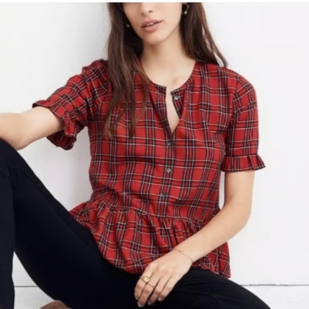 Madewell Red Plaid Peplum Top Button Front Ruffle‎ Sleeve Blouse Small